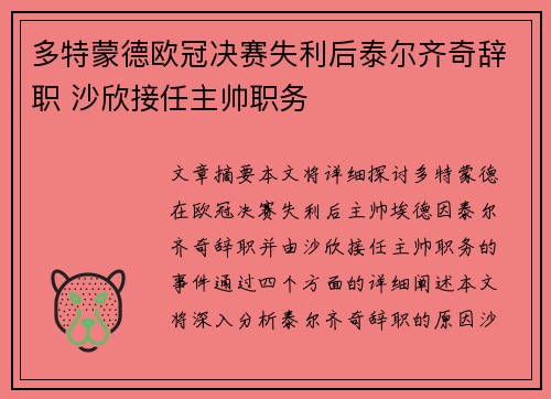 多特蒙德欧冠决赛失利后泰尔齐奇辞职 沙欣接任主帅职务